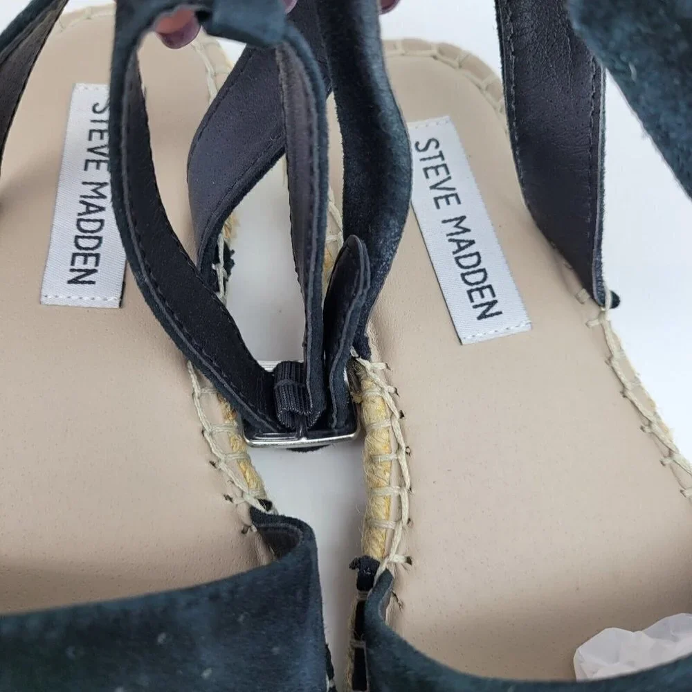 Steve Madden Sandals Womens 6.5 M Lesko Strappy Espadrille Black Suede Flats